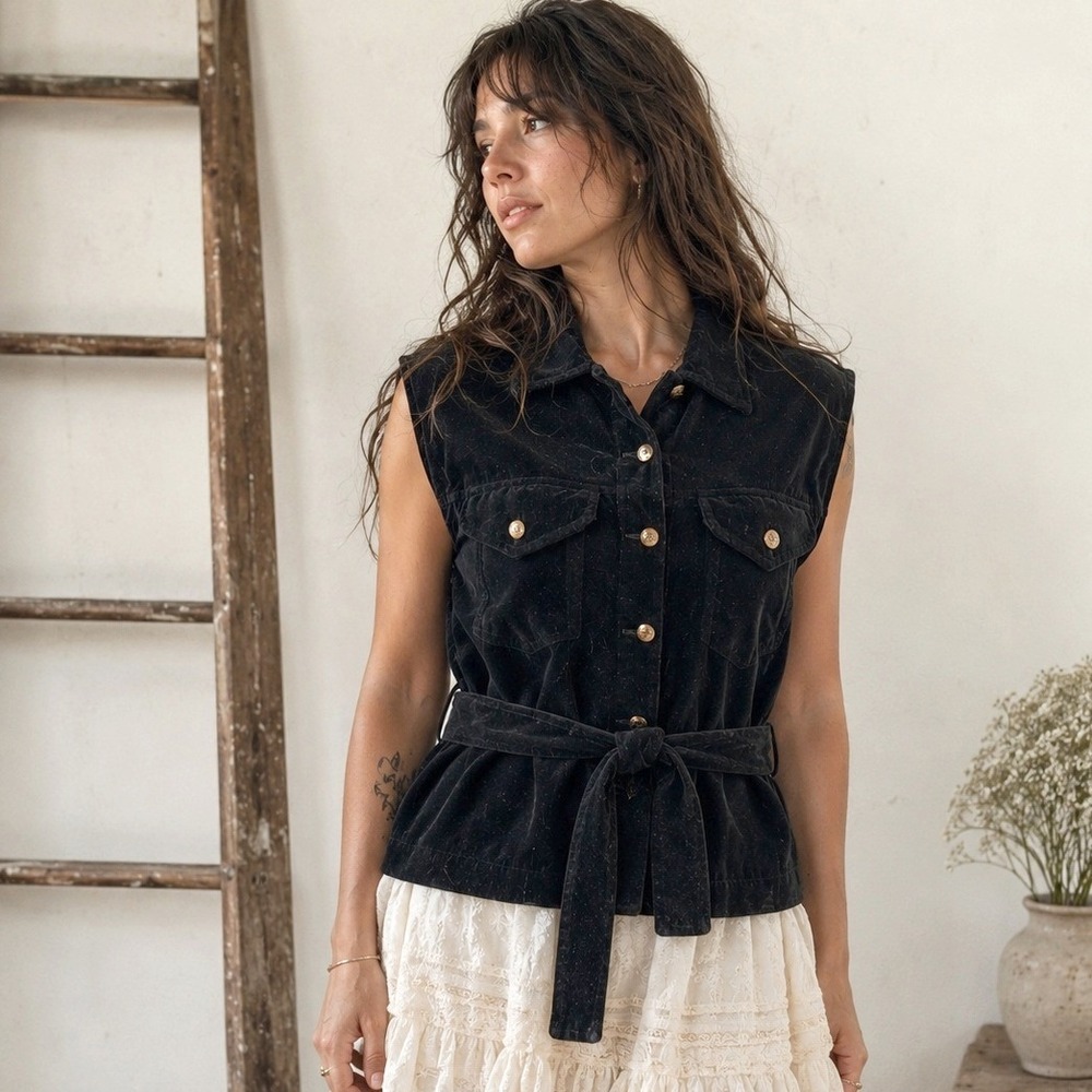 Vintage Velvet Belted Vest Large Fits M Goth Dark Academia Steampunk USA 90s